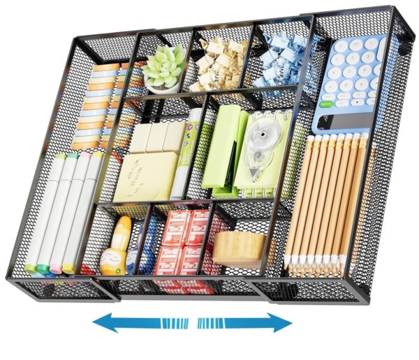 Marbrasse Expandable Desk Drawer Organizer, Mesh Drawer Organizer Tray with 10 Adjustable Compartments, Desk Organizers and Accessories
