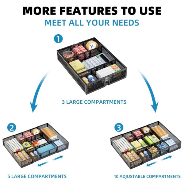 Marbrasse Expandable Desk Drawer Organizer, Mesh Drawer Organizer Tray with 10 Adjustable Compartments, Desk Organizers and Accessories