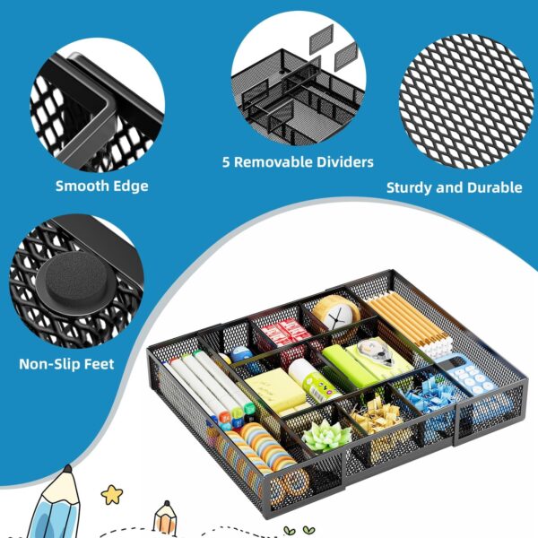 Marbrasse Expandable Desk Drawer Organizer, Mesh Drawer Organizer Tray with 10 Adjustable Compartments, Desk Organizers and Accessories