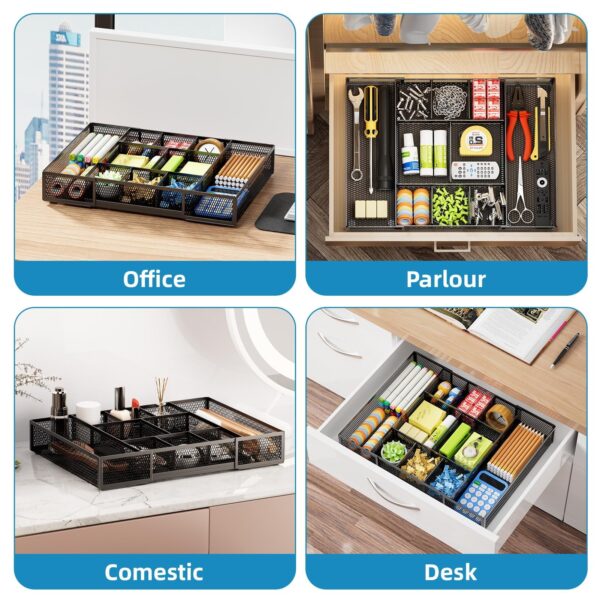 Marbrasse Expandable Desk Drawer Organizer, Mesh Drawer Organizer Tray with 10 Adjustable Compartments, Desk Organizers and Accessories