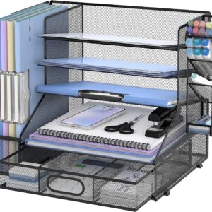 Desk Organizer with File Holder, 5-Tier Mesh Paper Letter Tray Organizer with Pen Holder and Drawer, Desktop Organizer and Storage with 3 Tilted File Sorter, Black
