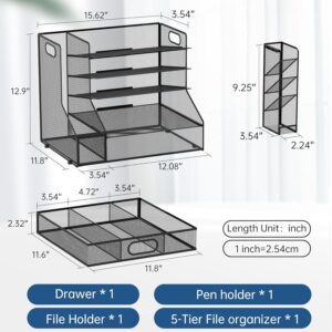 Desk Organizer with File Holder, 5-Tier Mesh Paper Letter Tray Organizer with Pen Holder and Drawer, Desktop Organizer and Storage with 3 Tilted File Sorter, Black