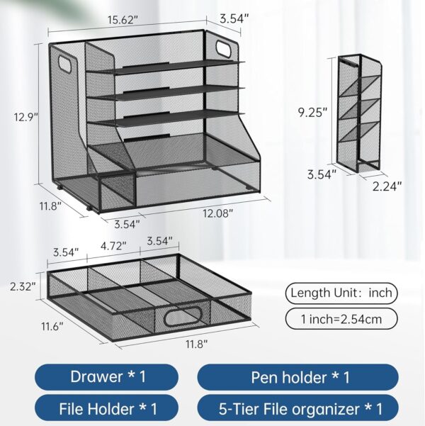 Desk Organizer with File Holder, 5-Tier Mesh Paper Letter Tray Organizer with Pen Holder and Drawer, Desktop Organizer and Storage with 3 Tilted File Sorter, Black
