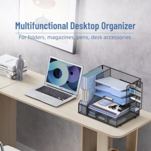 Desk Organizer with File Holder, 5-Tier Mesh Paper Letter Tray Organizer with Pen Holder and Drawer, Desktop Organizer and Storage with 3 Tilted File Sorter, Black