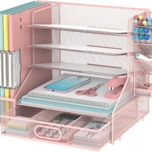 Desk Organizer with File Holder, 5-Tier Mesh Paper Letter Tray Organizer with Pen Holder and Drawer, Desktop Organizer and Storage with 3 Tilted File Sorter, Black