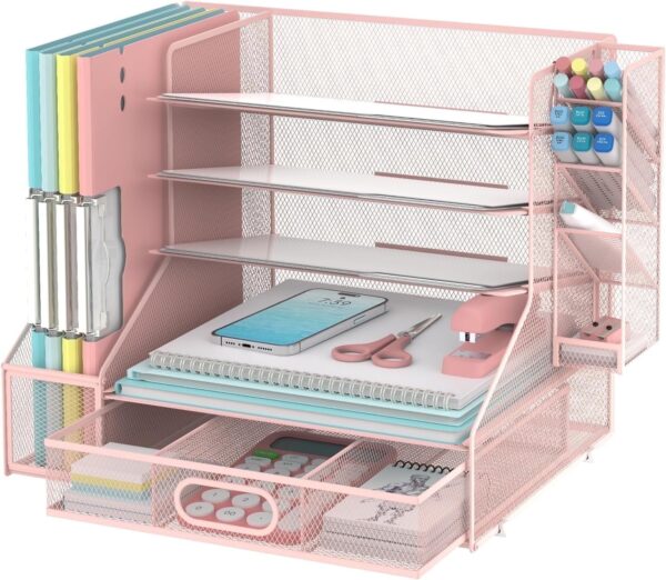 Desk Organizer with File Holder, 5-Tier Mesh Paper Letter Tray Organizer with Pen Holder and Drawer, Desktop Organizer and Storage with 3 Tilted File Sorter, Black