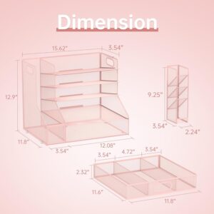 Desk Organizer with File Holder, 5-Tier Mesh Paper Letter Tray Organizer with Pen Holder and Drawer, Desktop Organizer and Storage with 3 Tilted File Sorter, Black