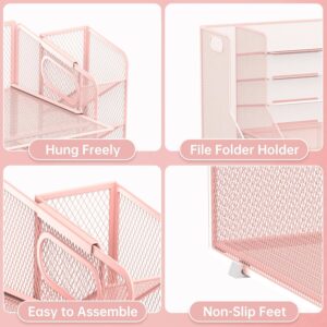 Desk Organizer with File Holder, 5-Tier Mesh Paper Letter Tray Organizer with Pen Holder and Drawer, Desktop Organizer and Storage with 3 Tilted File Sorter, Black