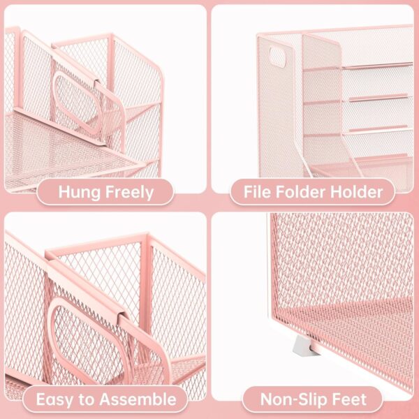 Desk Organizer with File Holder, 5-Tier Mesh Paper Letter Tray Organizer with Pen Holder and Drawer, Desktop Organizer and Storage with 3 Tilted File Sorter, Black