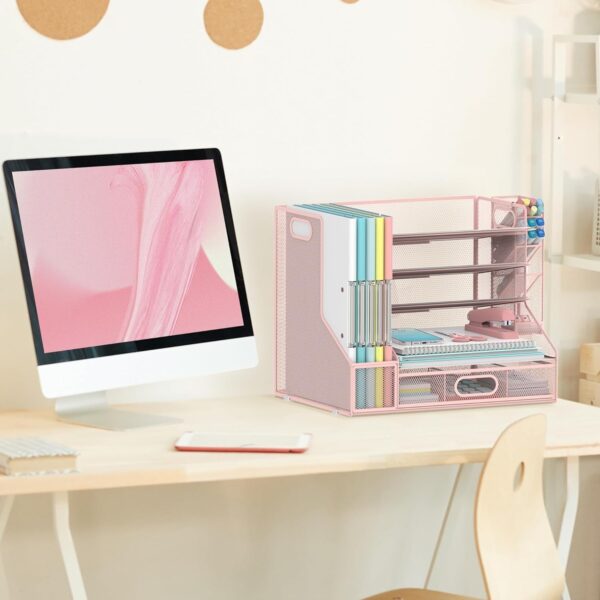 Desk Organizer with File Holder, 5-Tier Mesh Paper Letter Tray Organizer with Pen Holder and Drawer, Desktop Organizer and Storage with 3 Tilted File Sorter, Black