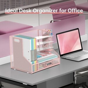 Desk Organizer with File Holder, 5-Tier Mesh Paper Letter Tray Organizer with Pen Holder and Drawer, Desktop Organizer and Storage with 3 Tilted File Sorter, Black