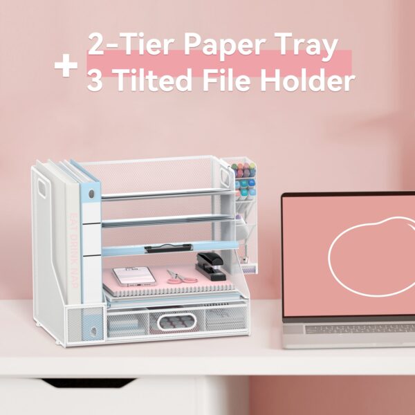 Desk Organizer with File Holder, 5-Tier Mesh Paper Letter Tray Organizer with Pen Holder and Drawer, Desktop Organizer and Storage with 3 Tilted File Sorter, Black