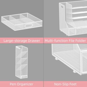 Desk Organizer with File Holder, 5-Tier Mesh Paper Letter Tray Organizer with Pen Holder and Drawer, Desktop Organizer and Storage with 3 Tilted File Sorter, Black
