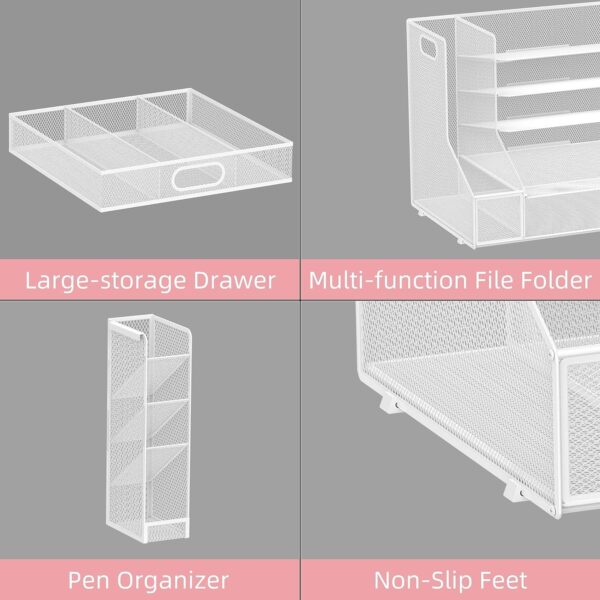 Desk Organizer with File Holder, 5-Tier Mesh Paper Letter Tray Organizer with Pen Holder and Drawer, Desktop Organizer and Storage with 3 Tilted File Sorter, Black