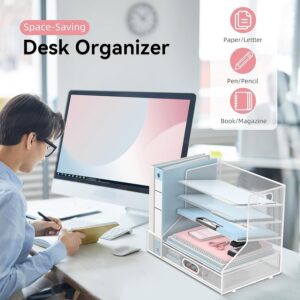 Desk Organizer with File Holder, 5-Tier Mesh Paper Letter Tray Organizer with Pen Holder and Drawer, Desktop Organizer and Storage with 3 Tilted File Sorter, Black