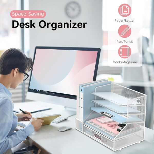 Desk Organizer with File Holder, 5-Tier Mesh Paper Letter Tray Organizer with Pen Holder and Drawer, Desktop Organizer and Storage with 3 Tilted File Sorter, Black