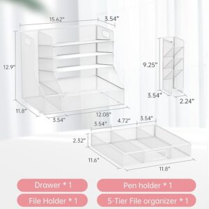 Desk Organizer with File Holder, 5-Tier Mesh Paper Letter Tray Organizer with Pen Holder and Drawer, Desktop Organizer and Storage with 3 Tilted File Sorter, Black