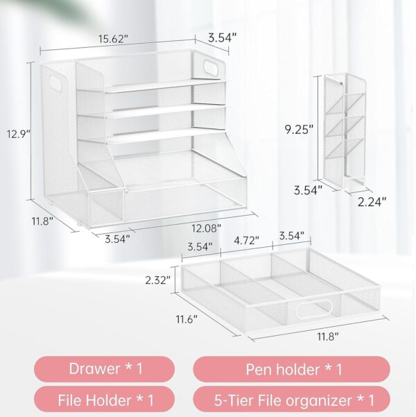 Desk Organizer with File Holder, 5-Tier Mesh Paper Letter Tray Organizer with Pen Holder and Drawer, Desktop Organizer and Storage with 3 Tilted File Sorter, Black