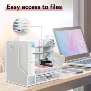 Desk Organizer with File Holder, 5-Tier Mesh Paper Letter Tray Organizer with Pen Holder and Drawer, Desktop Organizer and Storage with 3 Tilted File Sorter, Black