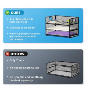 Marbrasse 3 Tier Paper Organizer Letter Tray, Mesh File Organizer with Handle, Paper Sorter Desk Organizer for Home Office Supplies