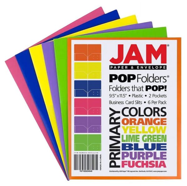 JAM Paper Plastic Heavy Duty Primary Color Assorted Folders, Mulitcolor, 6 Pack