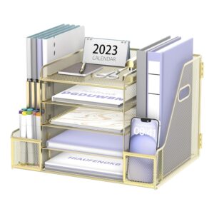 INTIGE Mesh Desk Organizer with File Holder, 5-Tier Paper Letter Tray Organizer with Magazine Holder, Gold