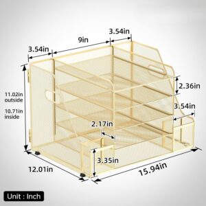 INTIGE Mesh Desk Organizer with File Holder, 5-Tier Paper Letter Tray Organizer with Magazine Holder, Gold