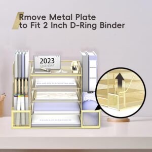 INTIGE Mesh Desk Organizer with File Holder, 5-Tier Paper Letter Tray Organizer with Magazine Holder, Gold