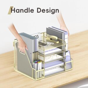 INTIGE Mesh Desk Organizer with File Holder, 5-Tier Paper Letter Tray Organizer with Magazine Holder, Gold