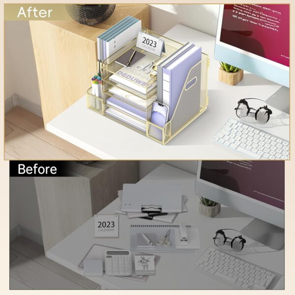 INTIGE Mesh Desk Organizer with File Holder, 5-Tier Paper Letter Tray Organizer with Magazine Holder, Gold