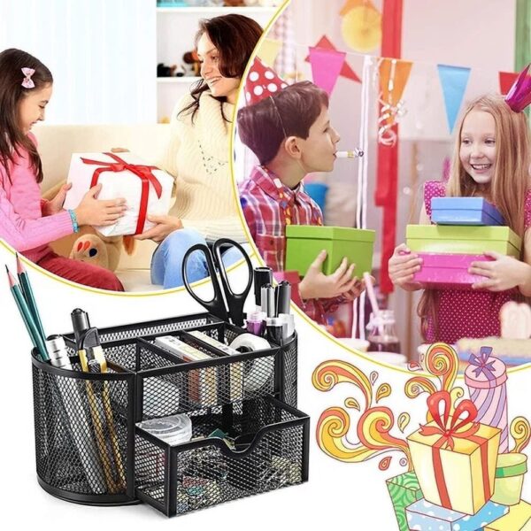 Office Desk Organizer Mesh Desktop Supplies Pen Holder 8 Compartments + 1 Drawer