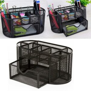 Office Desk Organizer Mesh Desktop Supplies Pen Holder 8 Compartments + 1 Drawer