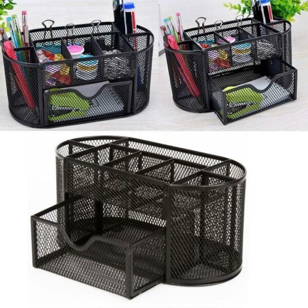 Office Desk Organizer Mesh Desktop Supplies Pen Holder 8 Compartments + 1 Drawer