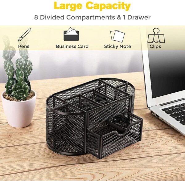 Office Desk Organizer Mesh Desktop Supplies Pen Holder 8 Compartments + 1 Drawer