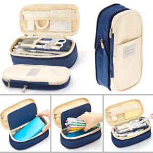Wrjufa Large Capacity Zipper Pencil Case Pen Pouch Bag Office Student Canvas Stationery Navy - Image 1