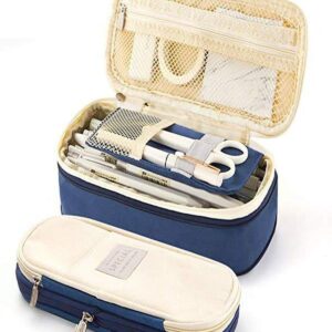 Wrjufa Large Capacity Zipper Pencil Case Pen Pouch Bag Office Student Canvas Stationery Navy - Image 2