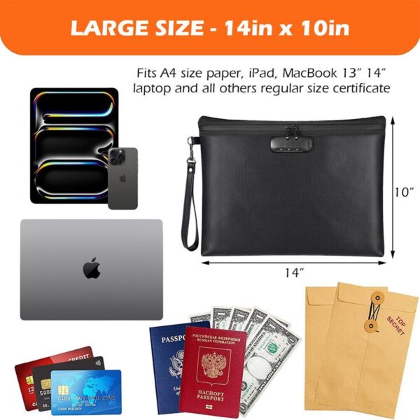 HOMEYA 14″ x 10″ Large Fireproof Document Bag with Lock & Zip, Waterproof Fire Proof Safe Money Pouch for Important Paper, Cash, Tablet and Jewelry