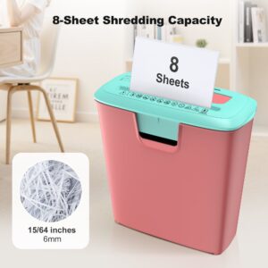 Bonsaii 8-Sheet Strip Cut Paper Shredder with 3.4 Gallons Wastebasket,Pink & Green