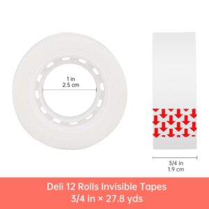 Invisible Tapes, Deli 12-Rolls Invisible Tape 3/4 x 1000 Inches, Numerous Applications Stationery Transparent Tape for Office Home School
