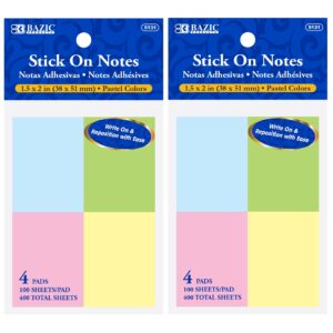 BAZIC Sticky Notes 1.5×2 Assorted Color Post, Self Stick Note (400 Sheets/Pack), 2-Packs
