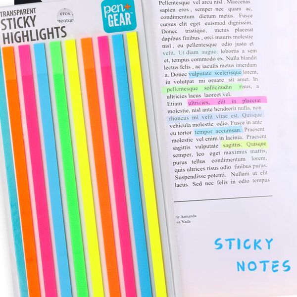 Pen + Gear Transparent Sticky Highlights, 0.2×5.5 Inch, Assorted Colors, 9 Pads