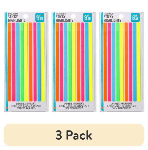 Pen + Gear Transparent Sticky Highlights, 0.2×5.5 Inch, Assorted Colors, 9 Pads