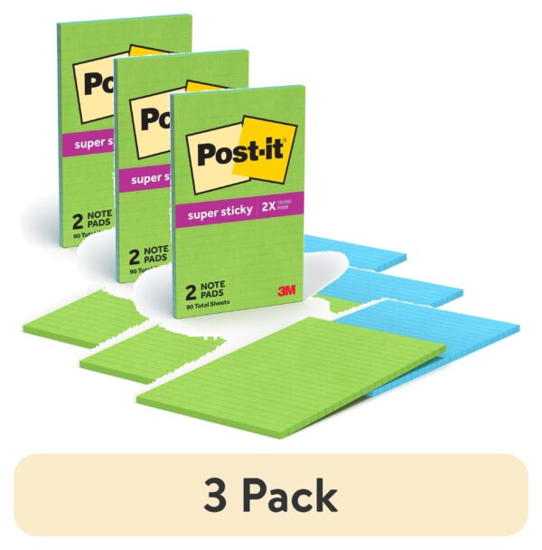 Post-it Super Sticky Notes, Lined, 5 in x 8 in, Green and Blue, 2 Pads