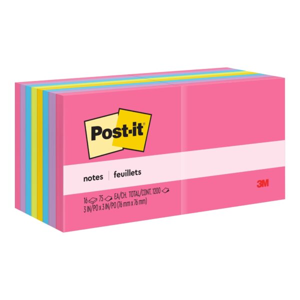 Post-it Notes, 3″ x 3″, Assorted Bright Colors, 16 Pads