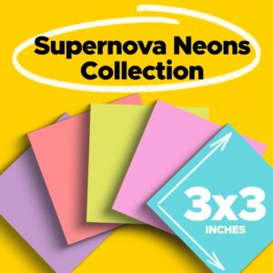 Post-it Super Sticky Notes, 3 in. x 3 in., Supernova Neons, 12 Pads