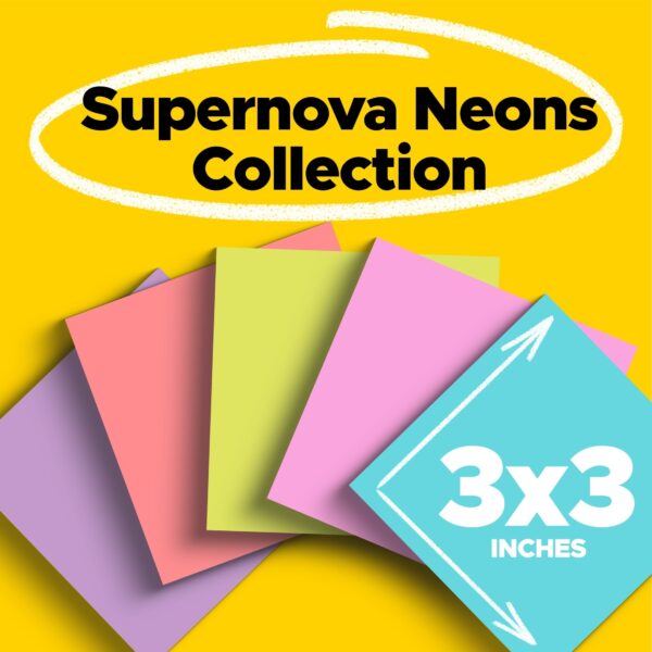 Post-it Super Sticky Notes, 3 in. x 3 in., Supernova Neons, 12 Pads