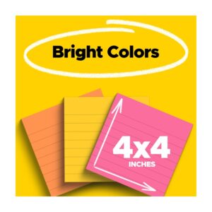 Post-it Super Sticky Notes, Lined, 4 in x 4 in, Assorted Brights, 3 Pads