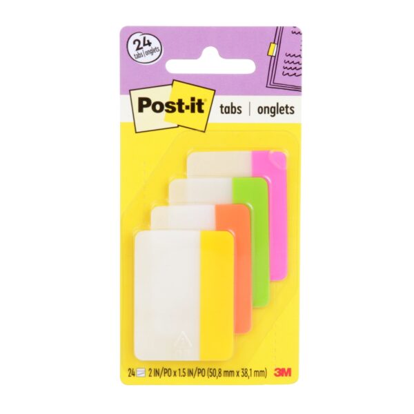Post-it Tabs, 2″ Wide, 4 Assorted Bright Colors, 6/Color, 24 Tabs