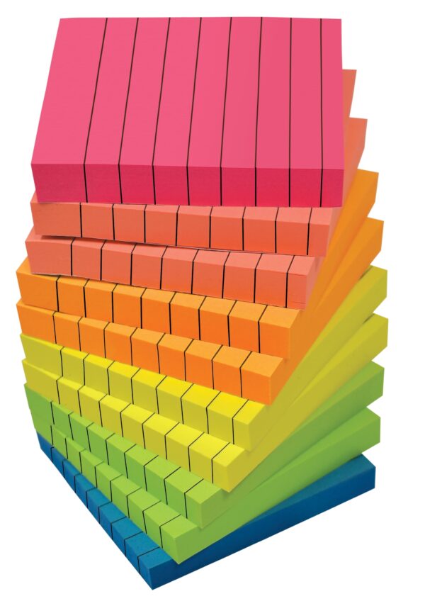Lined Sticky Notes 3 x 3, 10 Pack, 1,000 Sheets (100/Pad), Self Stick Notes with Lines, Bright Assorted Colors, by Better Office Products, Post Memos, Strong Adhesive, 10 Pads
