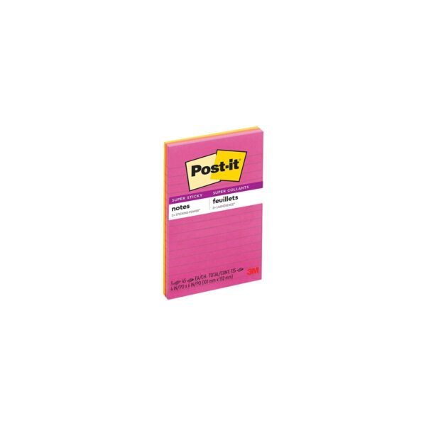 Post-it Super Sticky Notes, Lined, 4 in x 6 in, Assorted Brights, 3 Pads